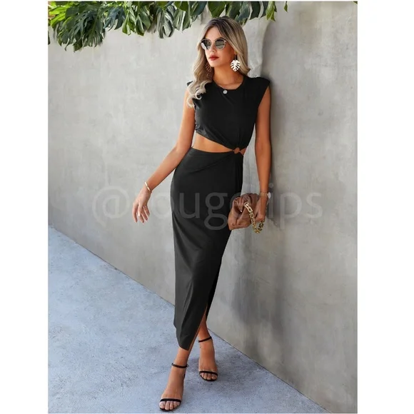 Black Cut Out Sides Ring Detail Shoulder Pad Long Dress Leg Slit - Picture 4 of 6
